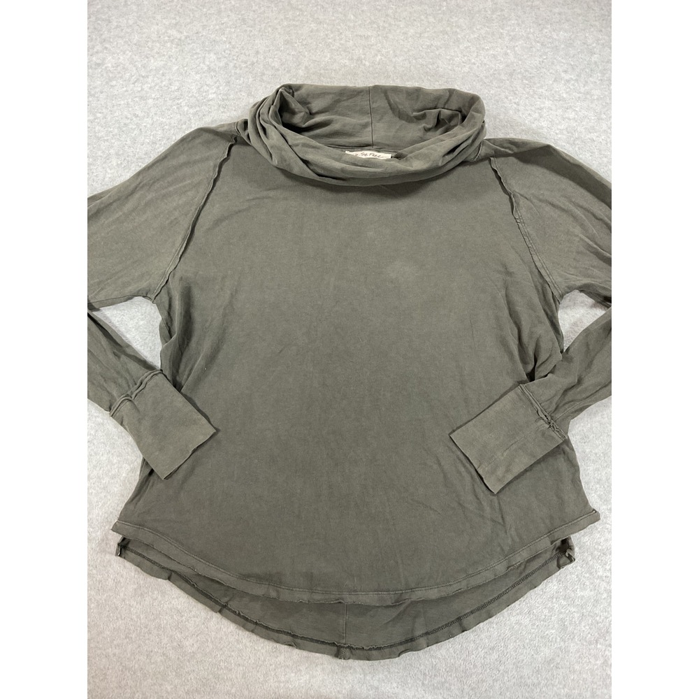 We The Free People Cowl Neck Long Sleeve Top Grey Cotton Seam Detail Small 2866